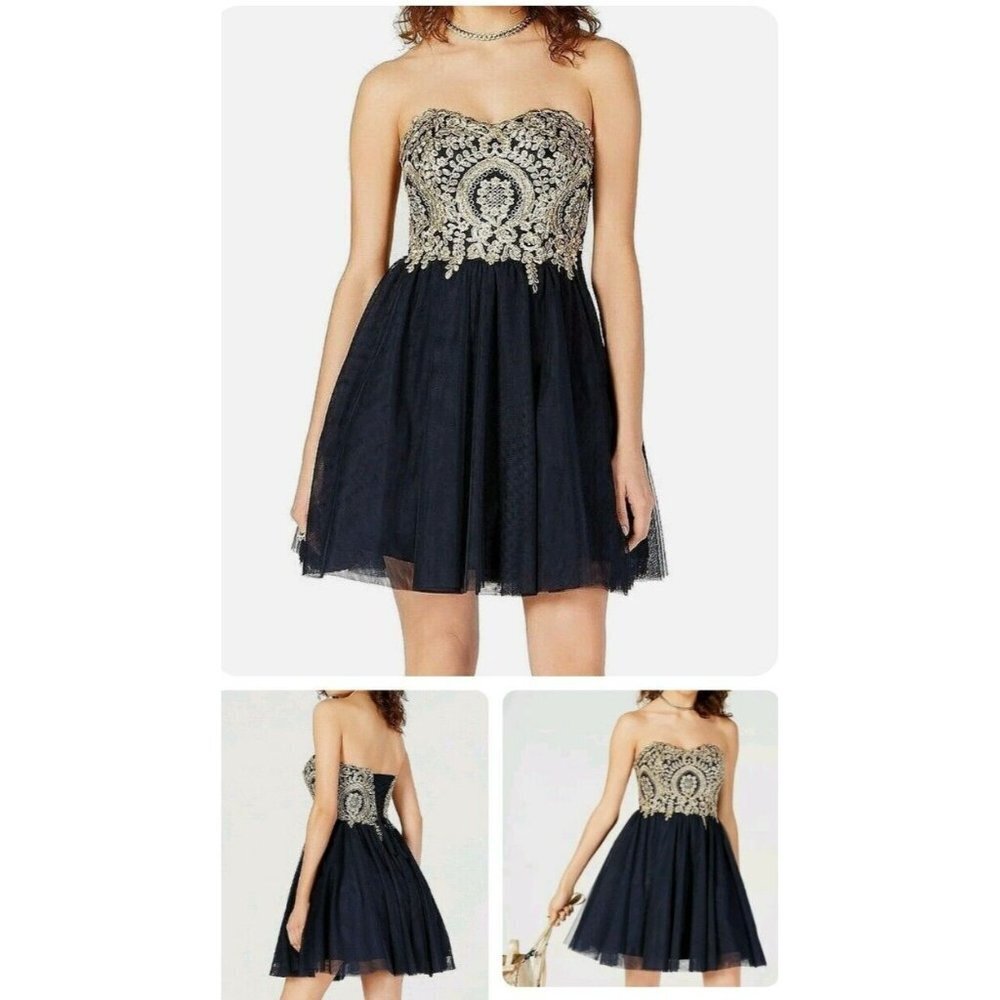 COPY - City Studio Dress Navy Blue Size 7 Strapless Gold Applique NWT $129